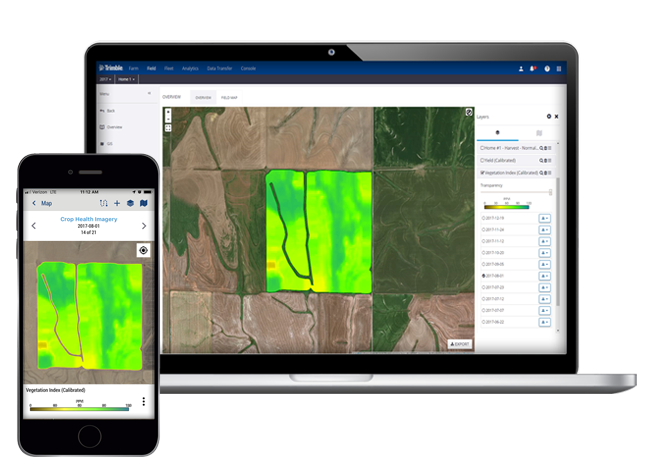 Trimble software on laptop and smart phone showing crop health information