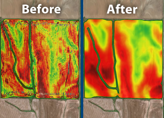 Before and after aerial shots with a heat map overlay