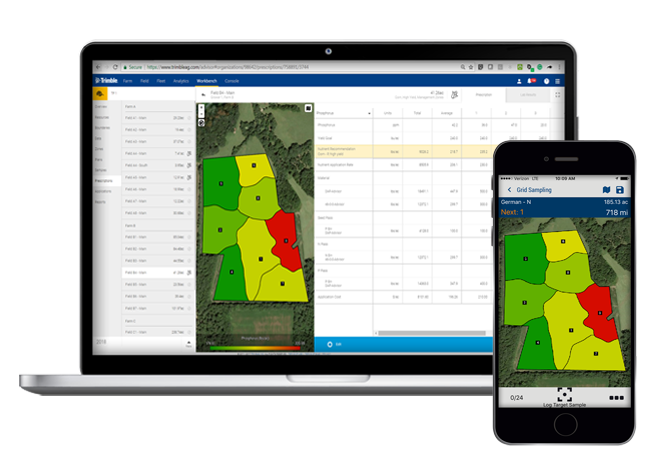 Trimble software on laptop and smart phone displaying field information
